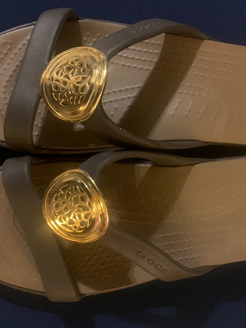 Crocs Sanrah Embellished Wedge Sandals in Espresso/Gold - Picture 7 of 7